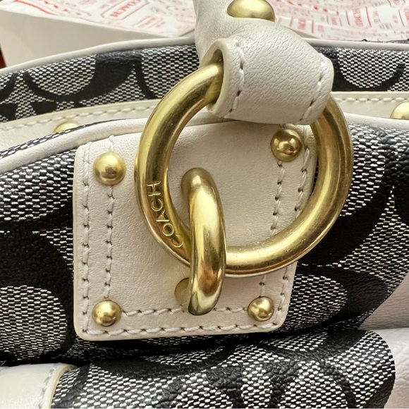 RARE- Coach Monogram Leather Gold Trim Satchel Purse Designer Heritage Handbag - Picture 5 of 16
